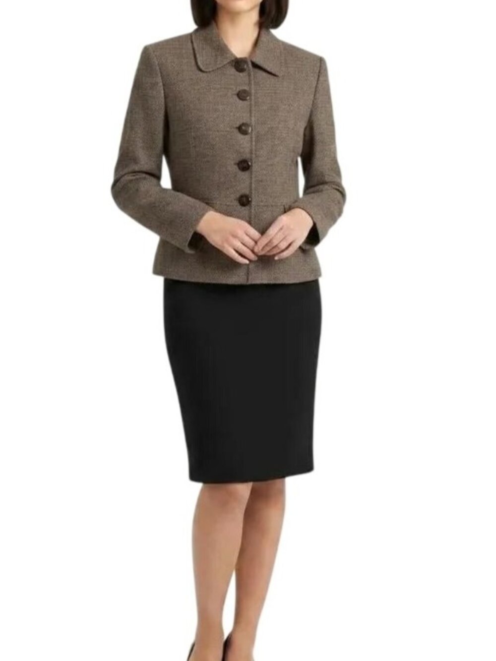 Tahari By Arthur S. Levine Brown Tweed Faux Pocket Career Blazer Jacket Size 6P